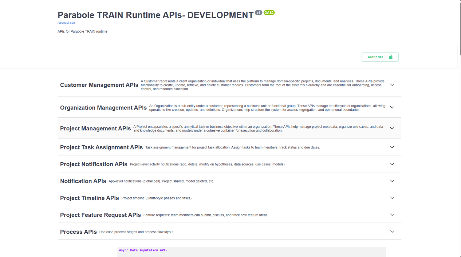 TRAIN screen: the runtime API documentation, an OpenAPI reference covering customer, project, process, hypothesis, model and analysis endpoints.