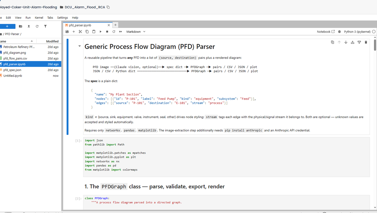 TRAIN screen: a Jupyter notebook inside the platform building a reusable pipeline that parses a process flow diagram into a directed causal graph, using networkx, pandas and matplotlib.