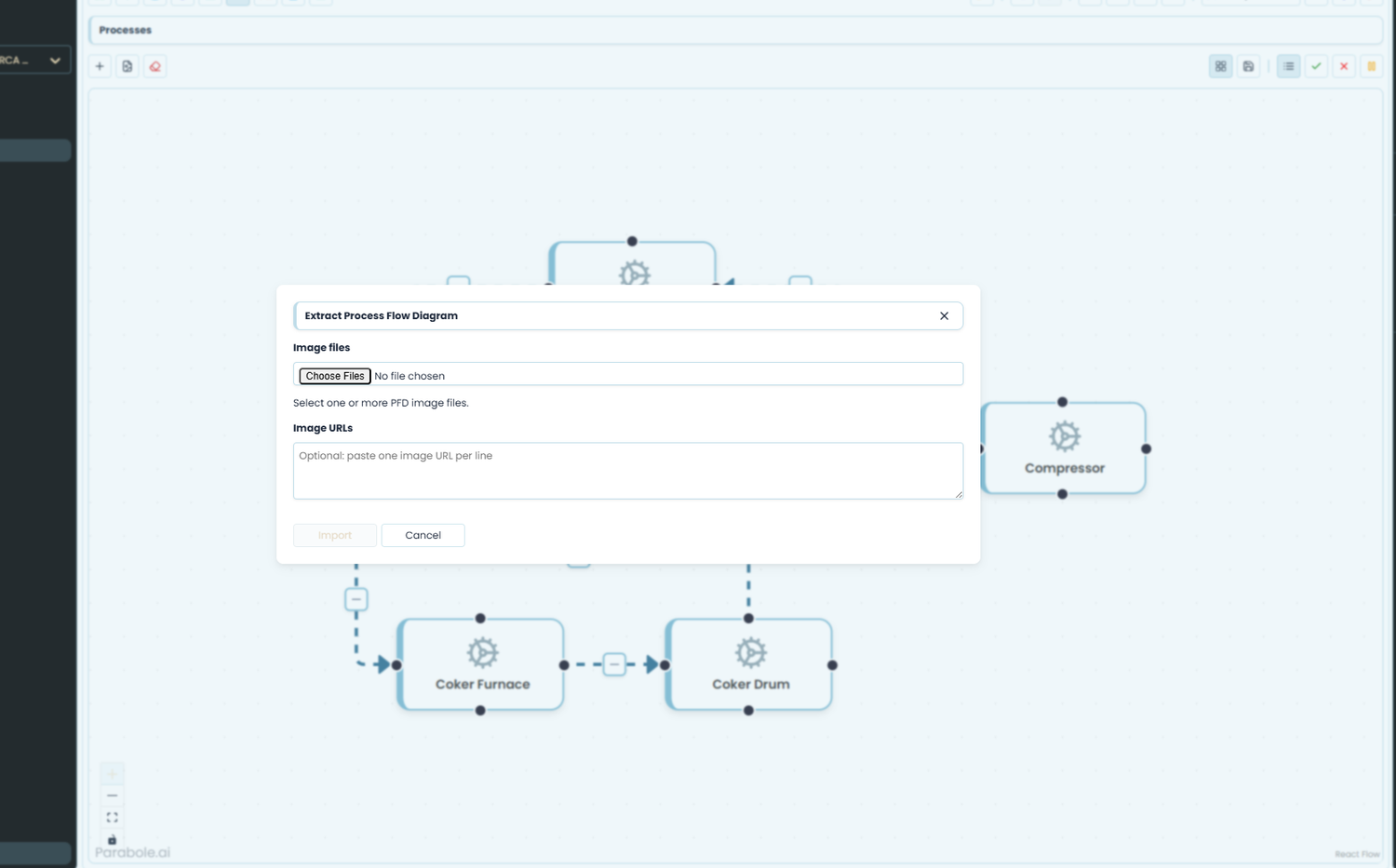 TRAIN screen: a process flow diagram of a coker unit with an Extract Process Flow Diagram dialog for uploading PFD image files.